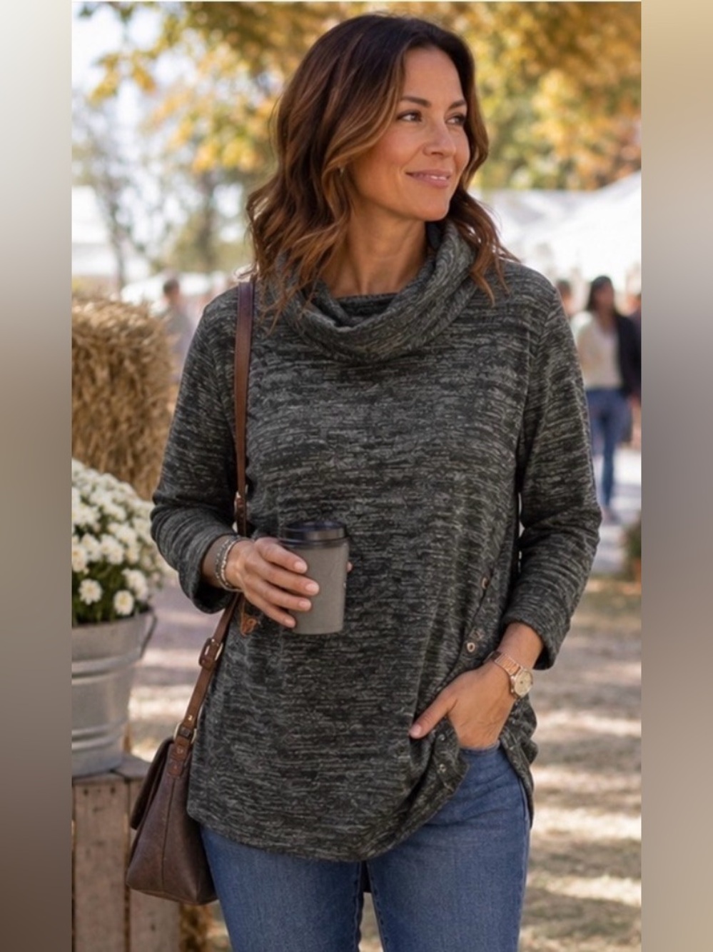 LILY MORGAN Dark Grey Heathered Cowl Neck Jersey Sweater Sz L Soft Cozy Comfy